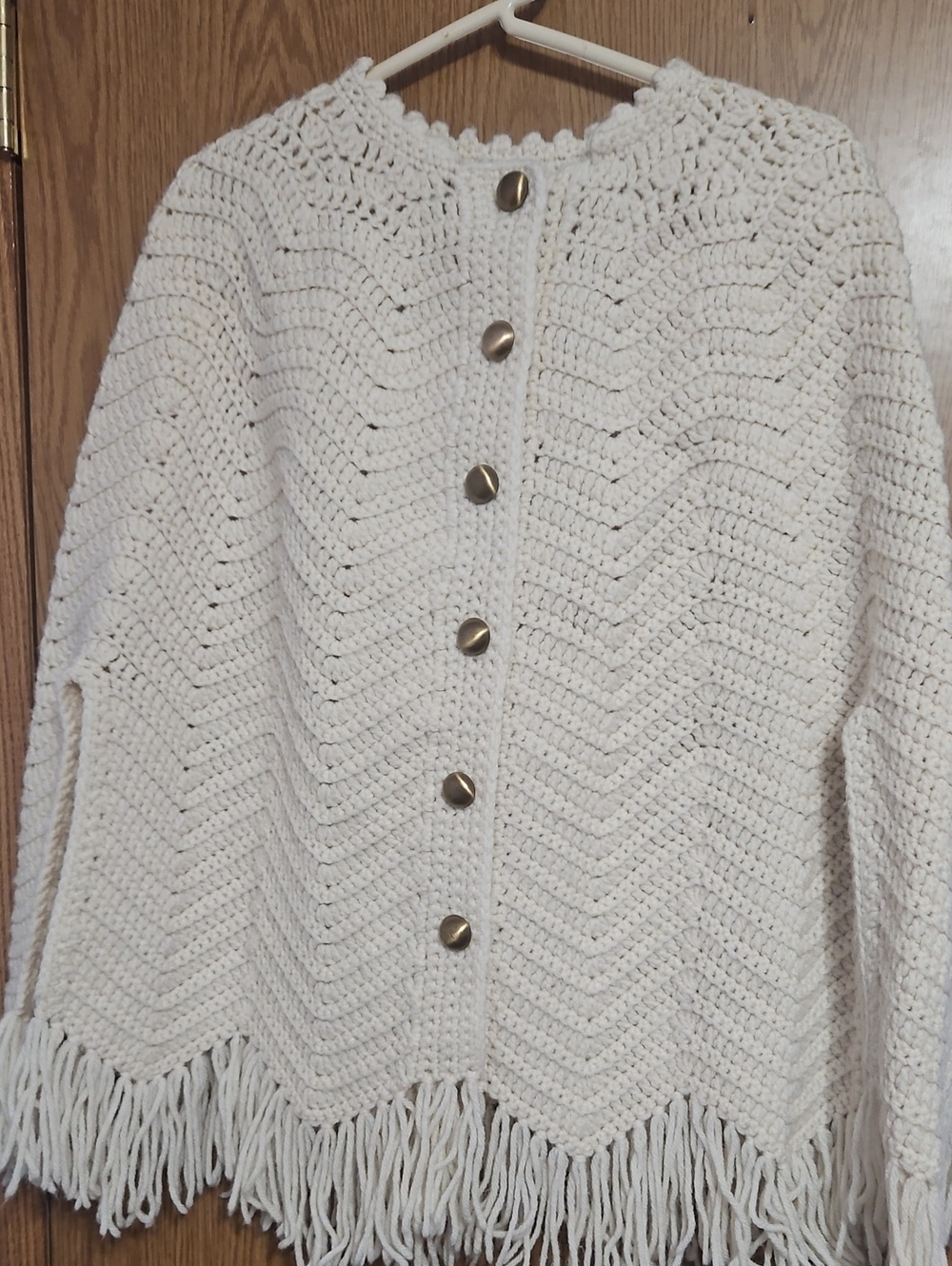 Cream Crochet Fringe Button-Front Poncho